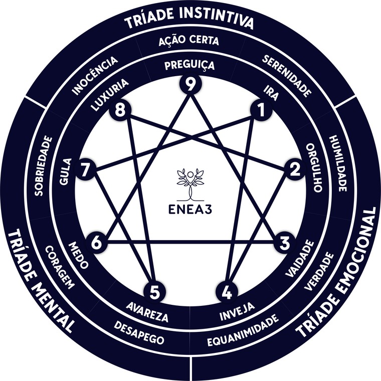 Mandala do Eneagrama da ENEA3, com os nove tipos, as tríades e as paixões e virtudes de cada tipo